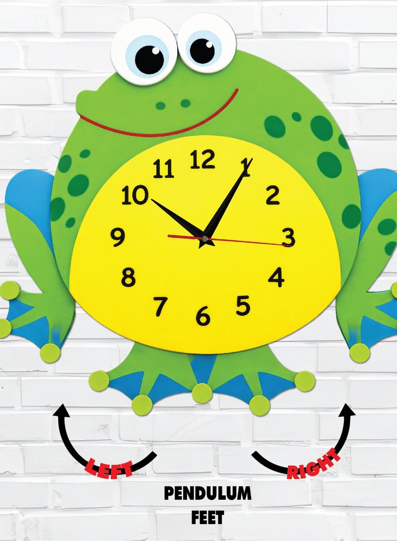 This wall clock with a moving pendulum in the shape of a frog combines a modern design with bright colors, a silent movement, and excellent quality, adding an attractive decorative touch to any space. - Image 1